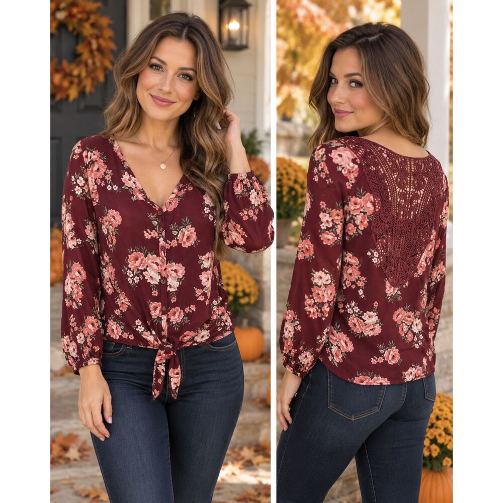 No Boundaries Women’s L Burgundy Floral Tie Front Crochet Back Boho Top 11-13